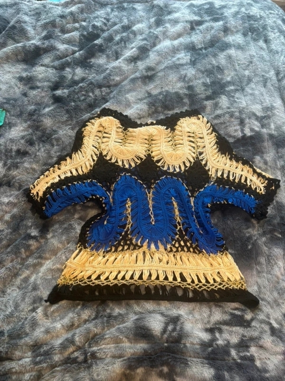Women’s Crochet Poncho Shrug - Blue & Beige - Picture 5 of 5
